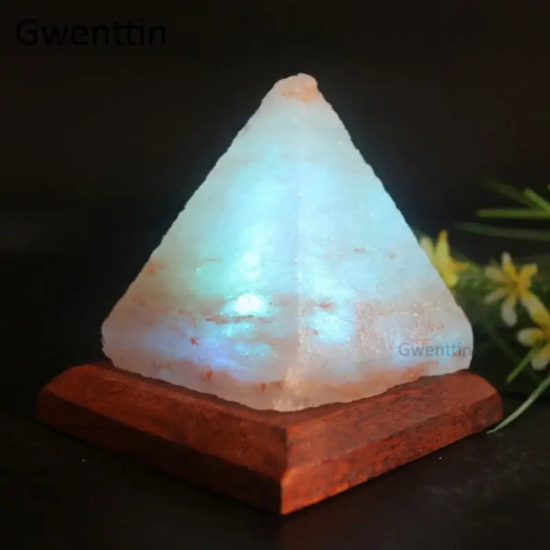 Green pyramid himalayan crystal usb salt night light with glowing pinkish white lamp and polished wooden base decorbites crystal usb