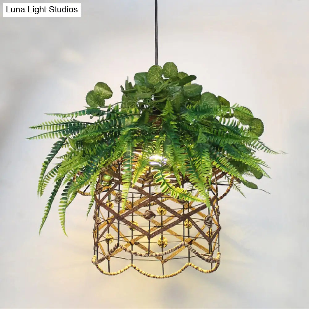 Green Retro Scalloped Cage Ceiling Lamp with Plant Decoration - Downlighting