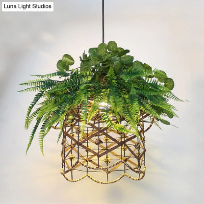 Green Retro Scalloped Cage Ceiling Lamp with Plant Decoration - Downlighting