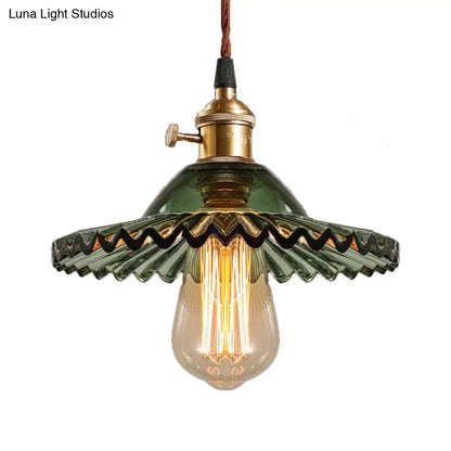 Green Scalloped Glass Pendant Light - Industrial Dining Room Hanging Lamp