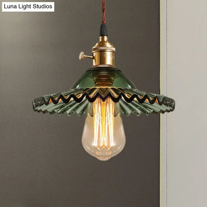 Green Scalloped Glass Pendant Light - Industrial Dining Room Hanging Lamp