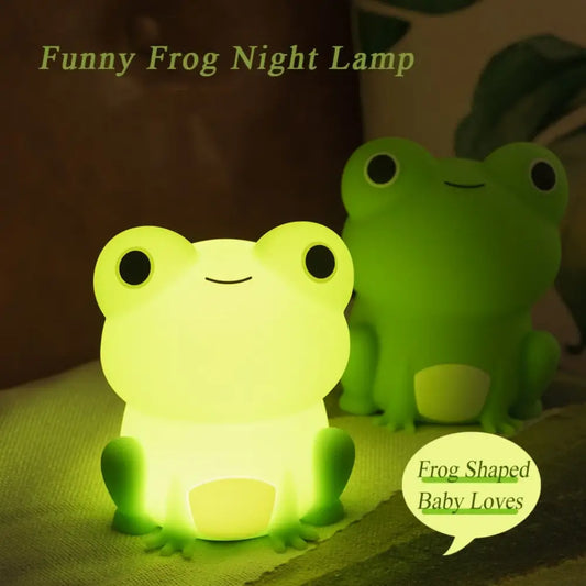 Green silicone frog night light with glowing body and black eyes used as dimmable bedroom decorbites frog night lamp