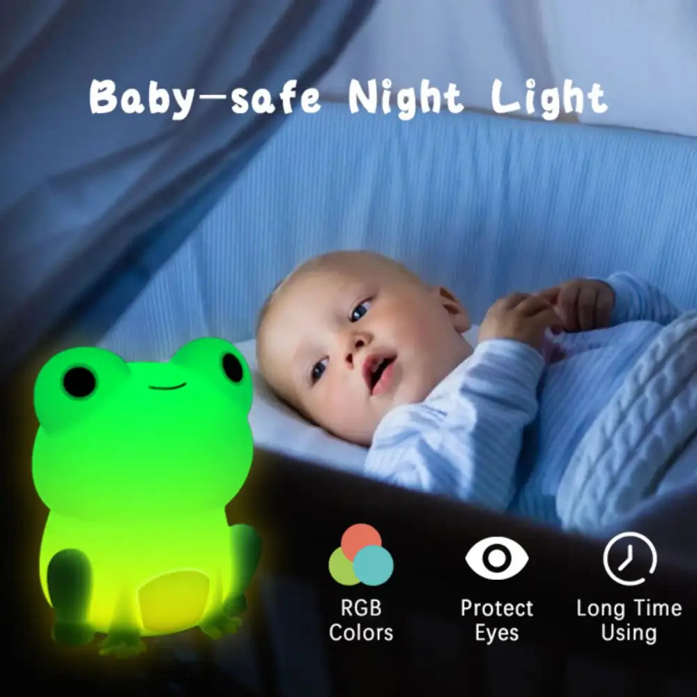 Green silicone frog night light with soft glowing light and friendly smile for bedroom decorbites frog night lamp
