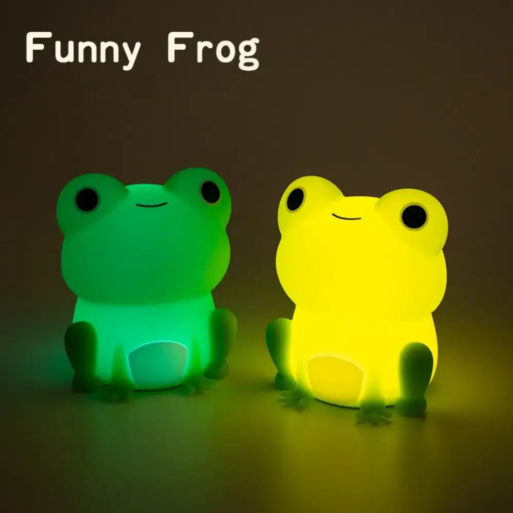 Two glowing plush green silicone frog night lights emitting soft green and warm yellow light for bedroom decorbites frog night