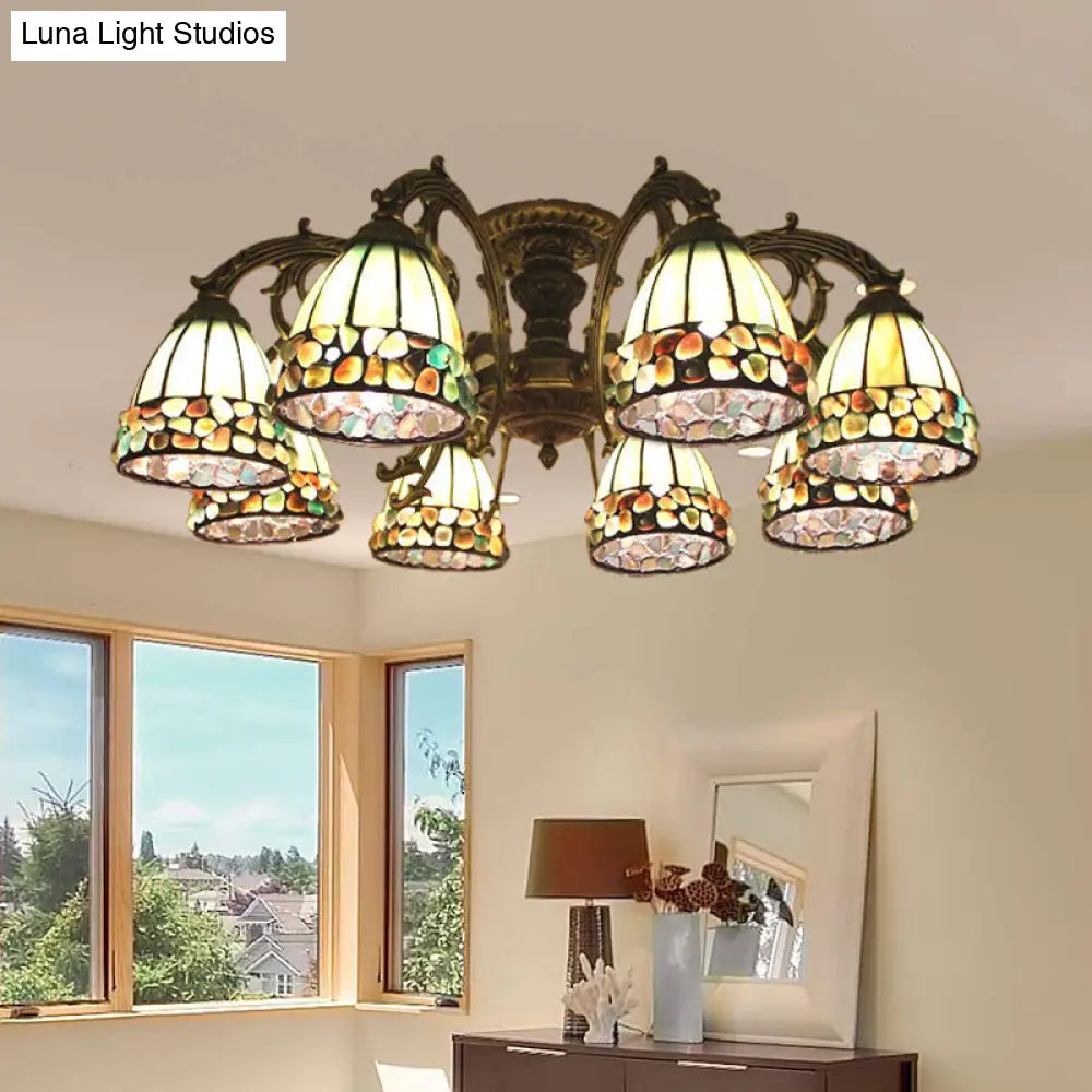 DecorBites™ DecorBites™ Green Stained Art Glass Dome Semi Flush Ceiling Light with 5/8 Lights - Tiffany Inspired