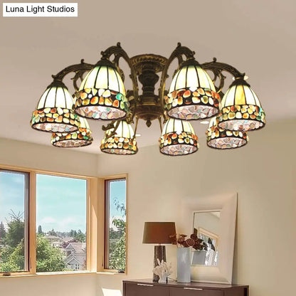 DecorBites™ DecorBites™ Green Stained Art Glass Dome Semi Flush Ceiling Light with 5/8 Lights - Tiffany Inspired