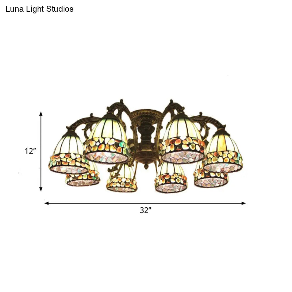 DecorBites™ DecorBites™ Green Stained Art Glass Dome Semi Flush Ceiling Light with 5/8 Lights - Tiffany Inspired