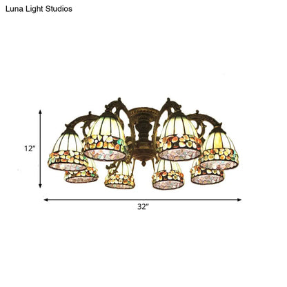 DecorBites™ DecorBites™ Green Stained Art Glass Dome Semi Flush Ceiling Light with 5/8 Lights - Tiffany Inspired