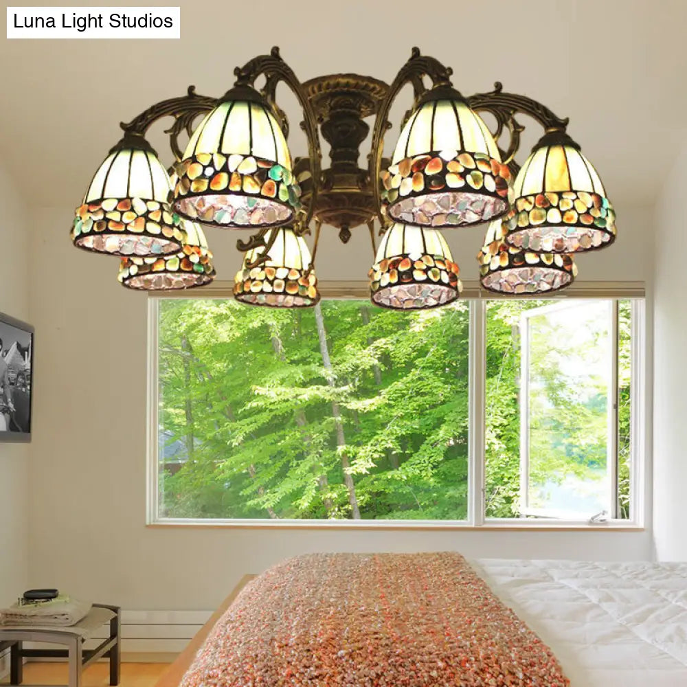 DecorBites™ DecorBites™ Green Stained Art Glass Dome Semi Flush Ceiling Light with 5/8 Lights - Tiffany Inspired