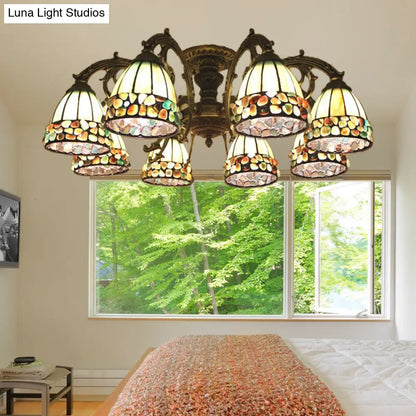 DecorBites™ DecorBites™ Green Stained Art Glass Dome Semi Flush Ceiling Light with 5/8 Lights - Tiffany Inspired