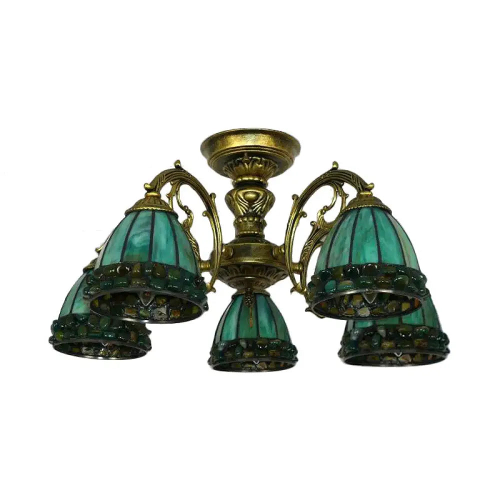 DecorBites™ DecorBites™ Green Stained Art Glass Dome Semi Flush Ceiling Light with 5/8 Lights - Tiffany Inspired