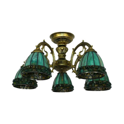 DecorBites™ DecorBites™ Green Stained Art Glass Dome Semi Flush Ceiling Light with 5/8 Lights - Tiffany Inspired
