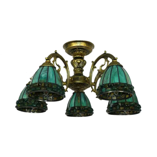 DecorBites™ DecorBites™ Green Stained Art Glass Dome Semi Flush Ceiling Light with 5/8 Lights - Tiffany Inspired