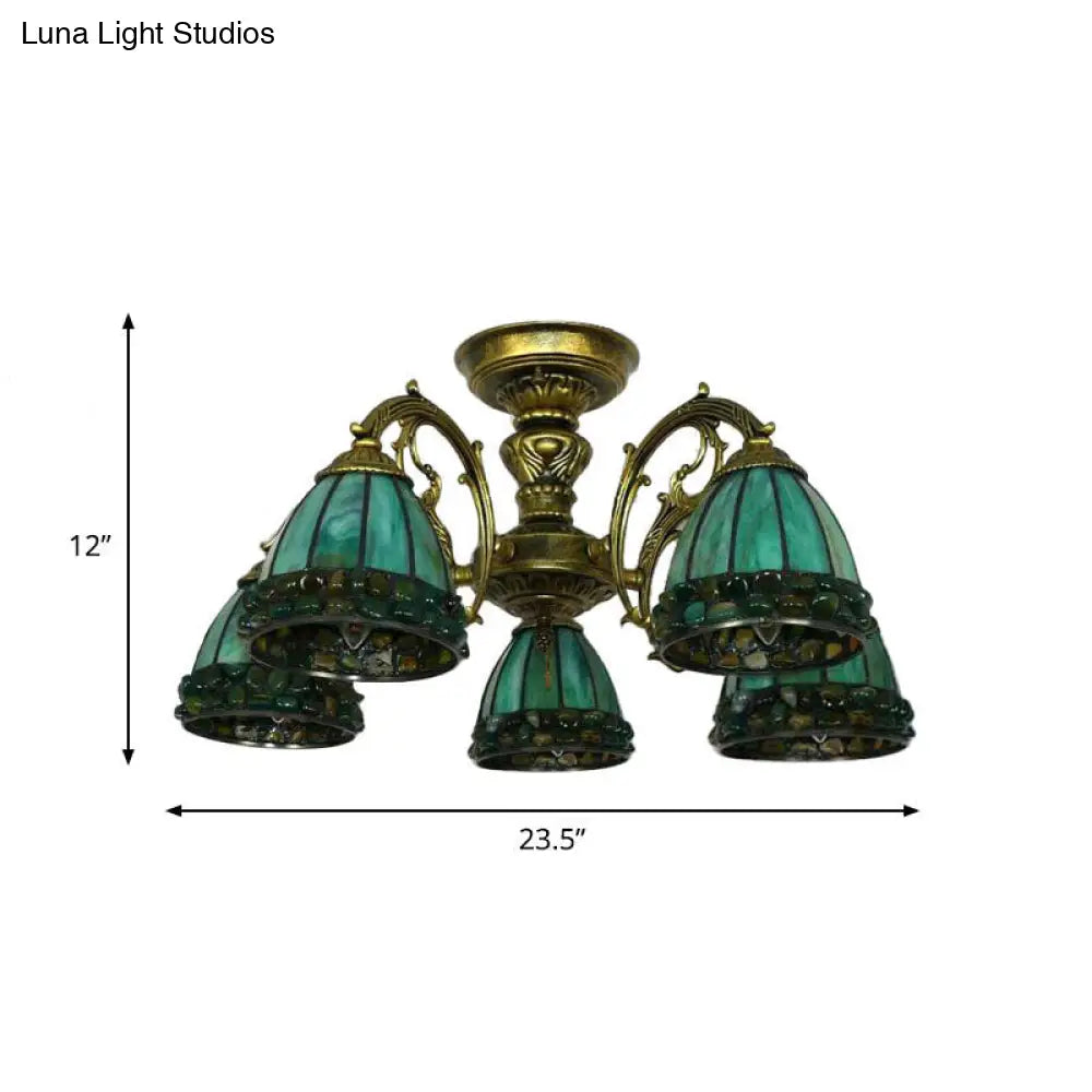 DecorBites™ DecorBites™ Green Stained Art Glass Dome Semi Flush Ceiling Light with 5/8 Lights - Tiffany Inspired
