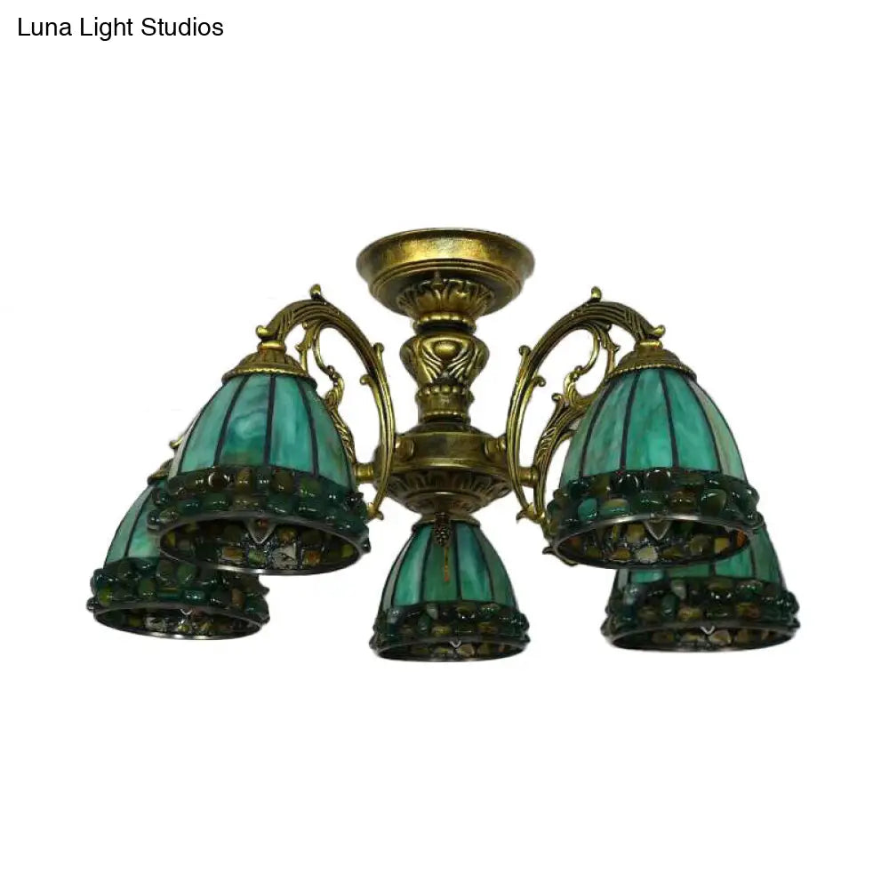 DecorBites™ DecorBites™ Green Stained Art Glass Dome Semi Flush Ceiling Light with 5/8 Lights - Tiffany Inspired