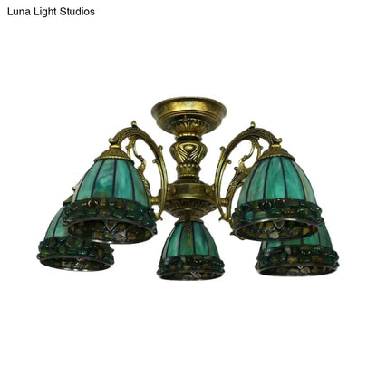 DecorBites™ DecorBites™ Green Stained Art Glass Dome Semi Flush Ceiling Light with 5/8 Lights - Tiffany Inspired