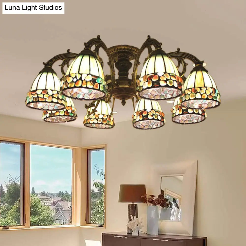 DecorBites™ DecorBites™ Green Stained Art Glass Dome Semi Flush Ceiling Light with 5/8 Lights - Tiffany Inspired
