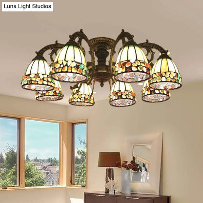 DecorBites™ DecorBites™ Green Stained Art Glass Dome Semi Flush Ceiling Light with 5/8 Lights - Tiffany Inspired