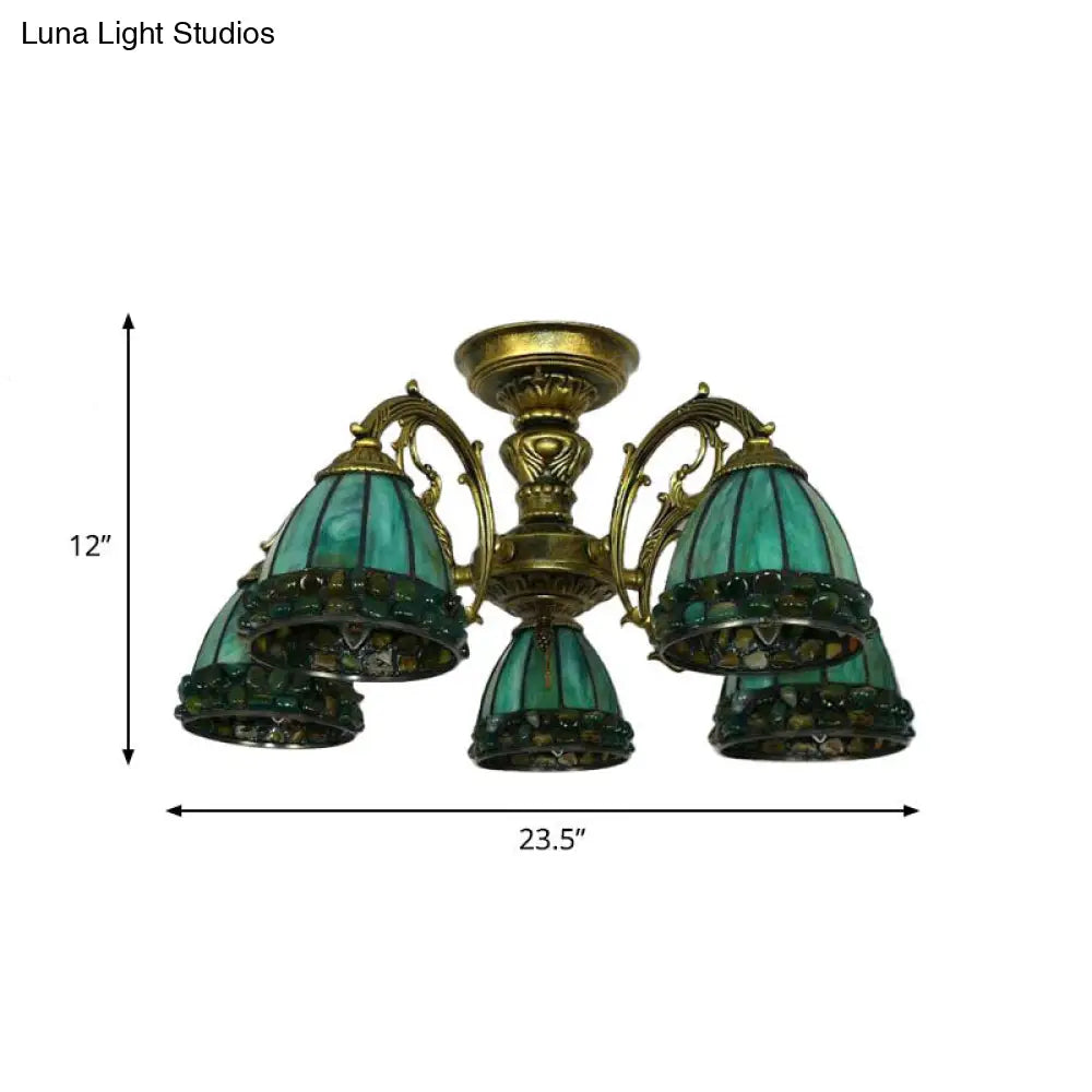DecorBites™ DecorBites™ Green Stained Art Glass Dome Semi Flush Ceiling Light with 5/8 Lights - Tiffany Inspired