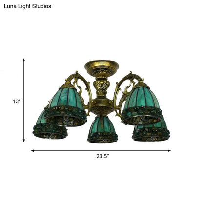 DecorBites™ DecorBites™ Green Stained Art Glass Dome Semi Flush Ceiling Light with 5/8 Lights - Tiffany Inspired
