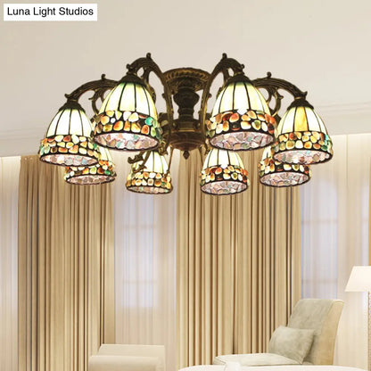 DecorBites™ DecorBites™ Green Stained Art Glass Dome Semi Flush Ceiling Light with 5/8 Lights - Tiffany Inspired