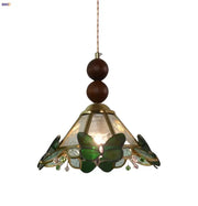 Green stained glass butterfly pendant light with brass accents and wooden beads for bedroom decorbites clear glass led