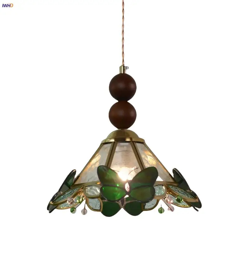 Green stained glass butterfly pendant light with brass accents and wooden beads for bedroom decorbites clear glass led