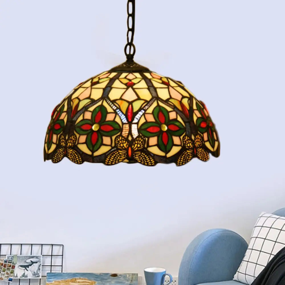 Green Stained Glass Tiffany Pendant Light with Flower Pattern