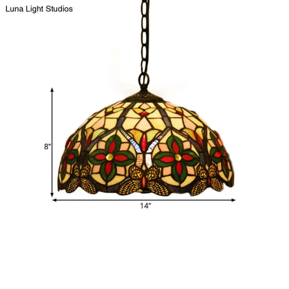 Green Stained Glass Tiffany Pendant Light with Flower Pattern