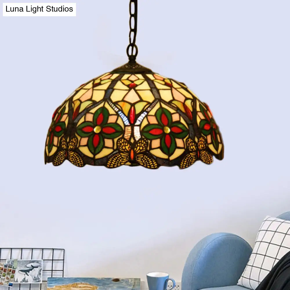 Green Stained Glass Tiffany Pendant Light with Flower Pattern