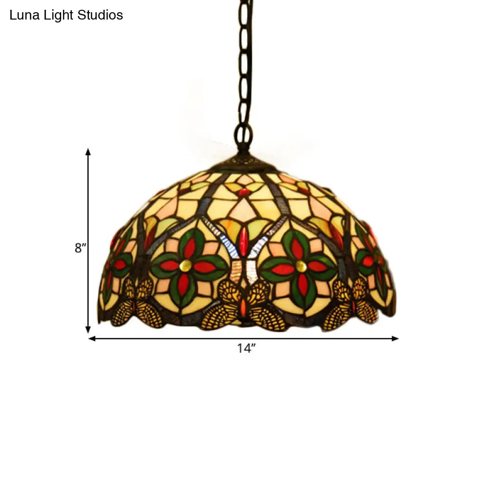 Green Stained Glass Tiffany Pendant Light with Flower Pattern