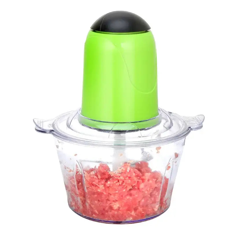 Bright green and black stainless steel electric meat grinder with clear bowl containing ground red meat set of 3 kitchen processor