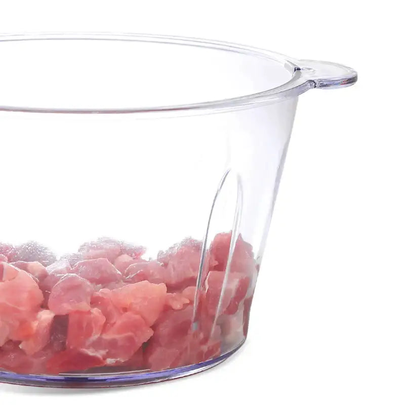 Clear plastic bowl with handle and chopped raw meat in green stainless steel electric meat grinder set of 3