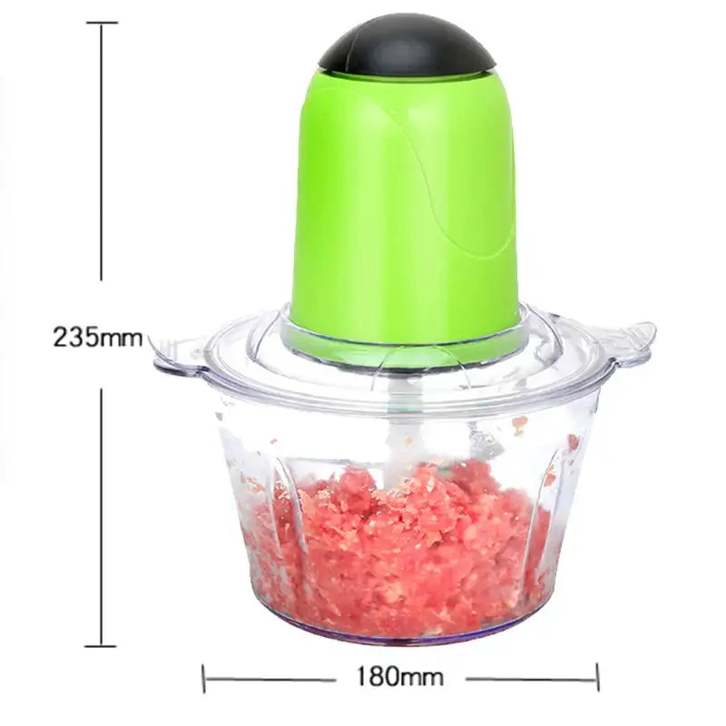Bright green and black stainless steel electric meat grinder with clear bowl containing ground meat for kitchen use