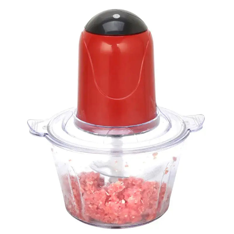 Red electric meat grinder with black top and clear bowl showing ground meat part of green stainless steel electric set of 3