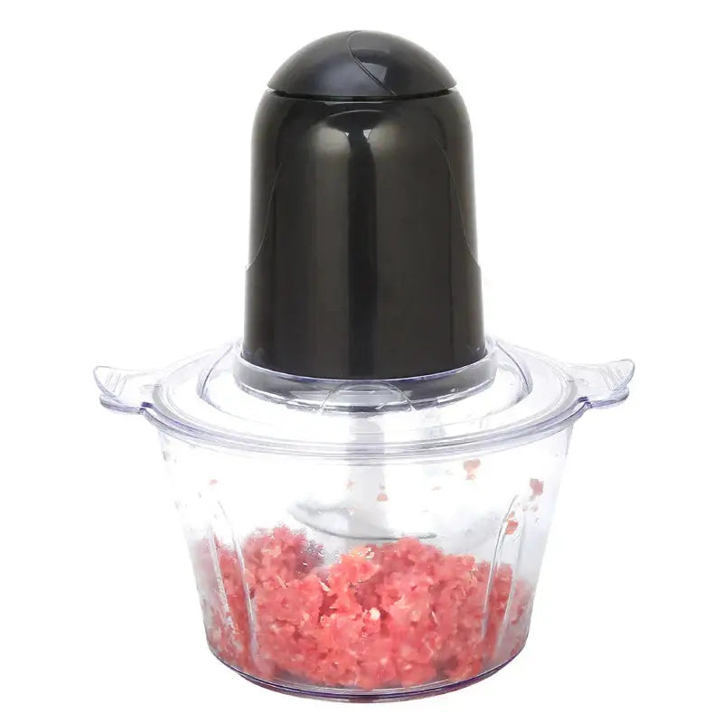 Black plastic food processor with clear bowl containing ground meat in a green stainless steel electric meat grinder set of 3