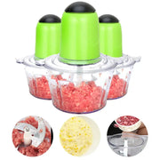 Set of three bright green stainless steel electric meat grinders with clear bowls and black tops for efficient processing