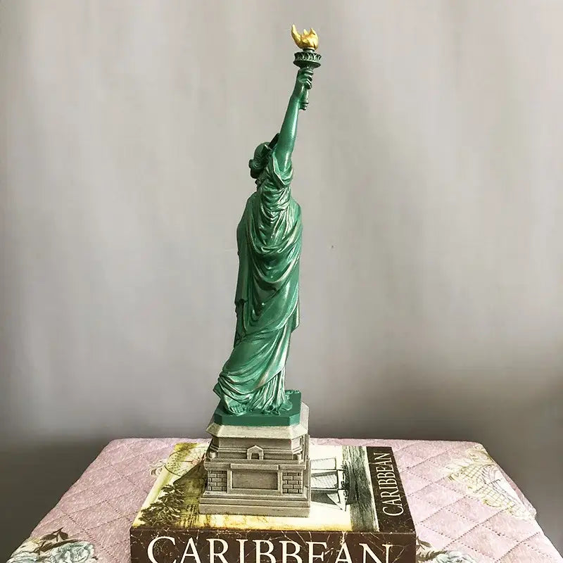 Green statue of liberty desk model with gold-tipped torch on gray pedestal base for decorbites liberty statue decor