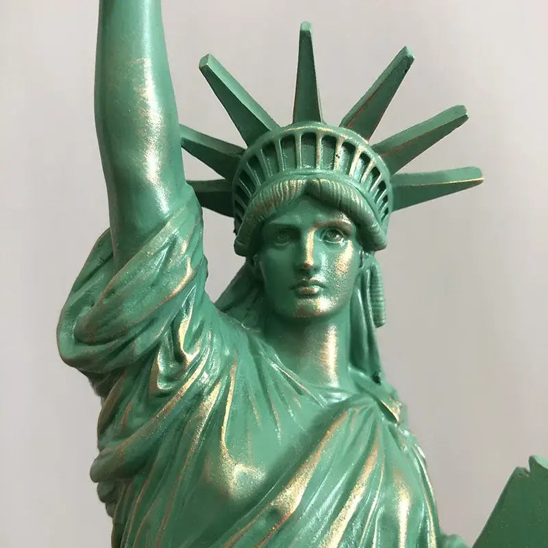 Green patina liberty statue desk model with detailed crown and draped robes for decorbites liberty statue office decor