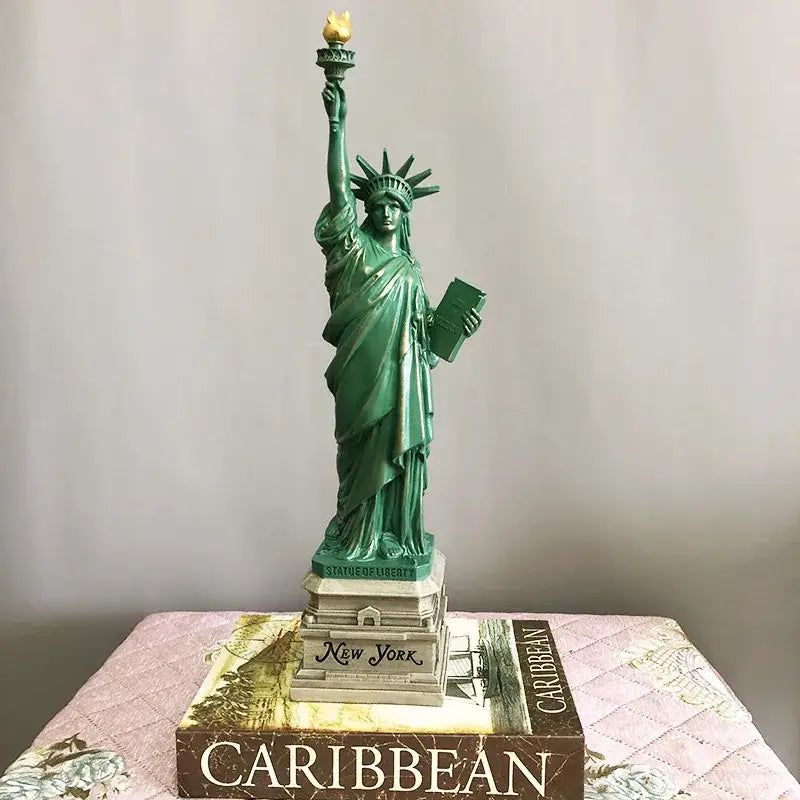Green resin decorbites liberty statue with gold-tipped torch and tablet on pedestal for office desk decor