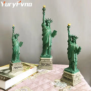 Three green resin decorbites liberty statue desk models on gray bases engraved with new york for office decor