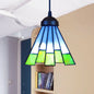 Green Tapered Pendant Ceiling Light: Tiffany 1 Head Multicolored Stained Glass Hanging Lamp