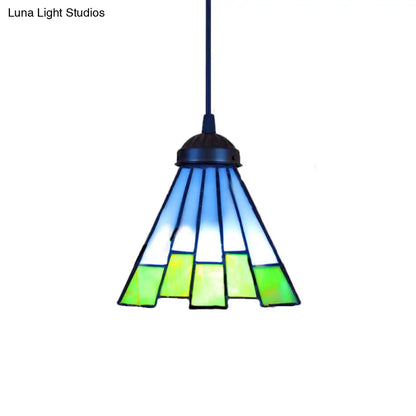 Green Tapered Pendant Ceiling Light: Tiffany 1 Head Multicolored Stained Glass Hanging Lamp