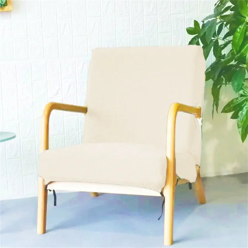 Beige decorbites jacquard elastic seat cover snugly fitted over a light wood armchair for dining room decor