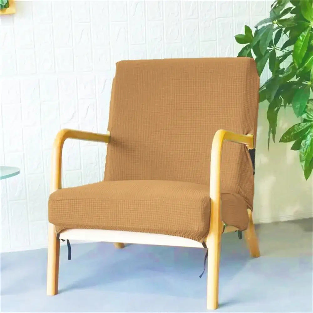 Tan textured jacquard elastic seat cover snugly fitted on light wood armchair for decorbites jacquard elastic seat use
