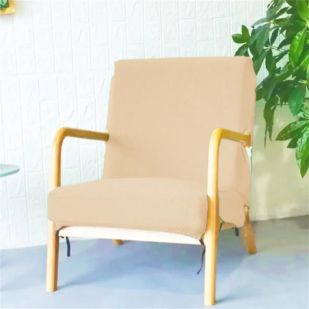 Beige decorbites jacquard elastic seat cover snugly fitted on a light wood armchair for dining room seat covers