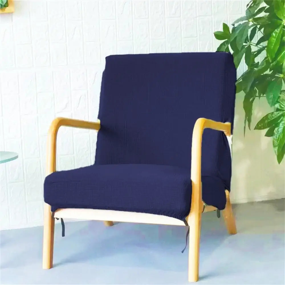 Navy blue jacquard elastic seat cover on light wood armchair showcasing decorbites jacquard elastic seat covers