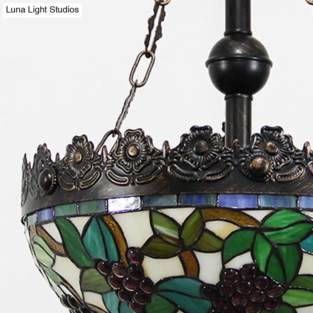 Lámpara de araña Tiffany verde con vitral y 3 luces - Colgante con diseño de uvas para sala de estar