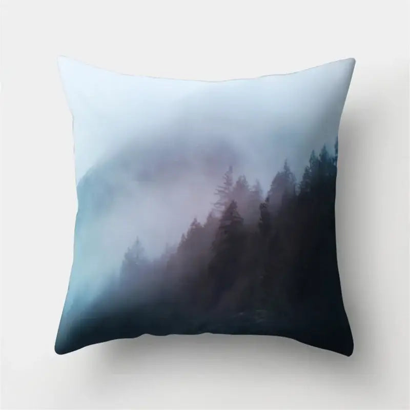 Square throw pillow featuring a misty forest scene with dark evergreens and green tropical leaves nature decorbites design