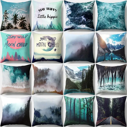 A collection of square throw pillows with vibrant green tropical leaves forest prints in teal, blue, pink, and black decorbites green tropical decor